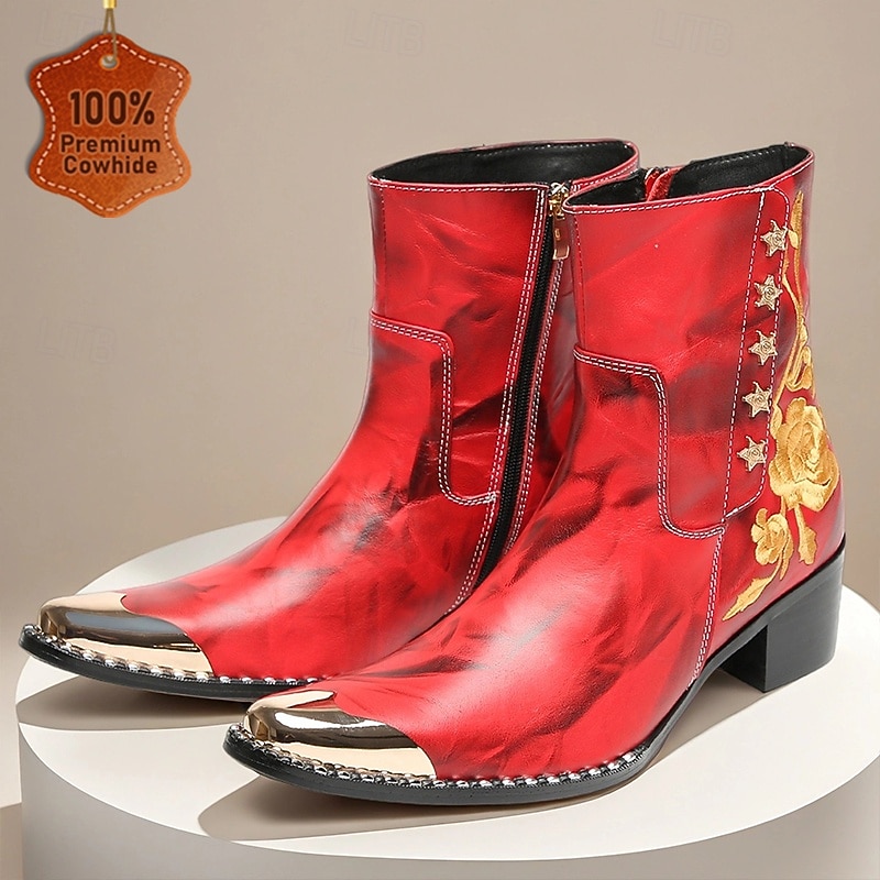 Men's Genuine Cowhide Leather Red Zip-Up Ankle Boots with Gold Floral Detail – Stylish Western Punk Boots for Festivals and Performances