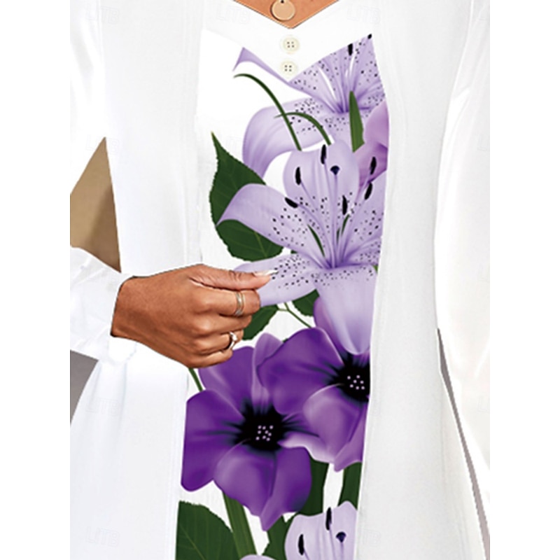 Women's Midi Dress A Line Dress Casual Daily Regular Fit Floral Long Sleeve V Neck Purple Summer Spring Fall4