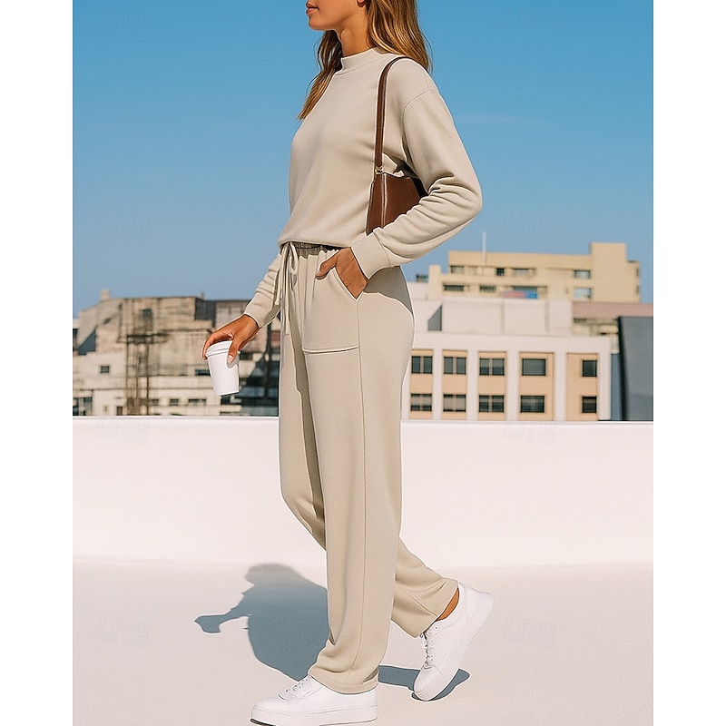 Women's 2 Piece Tracksuit Pullover Sweatshirt Sweatsuit Sets Drawstring with Pocket Solid Colored Clothing Suit Fall Black Khaki Workout Outdoor Travel High Waist Lightweight Fashion Long Sleeve Sport2
