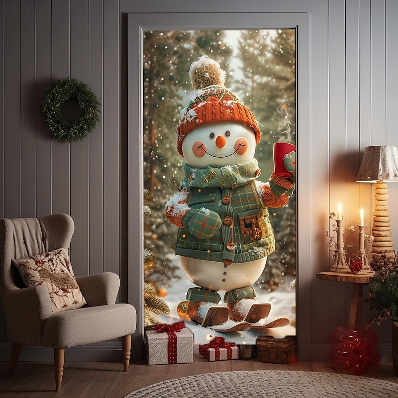 Christmas Door Cover, Adorable Snowman in Winter Wonderland Holiday Door Curtain Backdrop for 2025 Xmas Party Indoor Outdoor Decorations