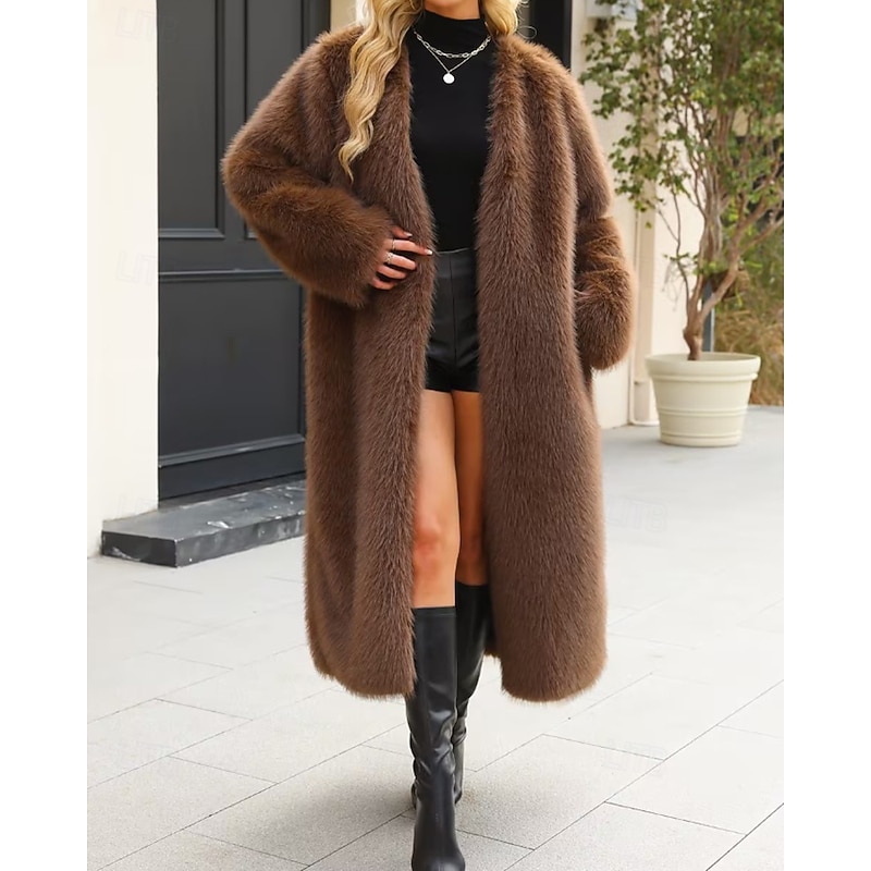 Women's Coat Faux Fur Coat Warm Comfortable Furs & Leathers Fashion Plain Vacation Street Daily Wear Going out Long V Neck Regular Fit Long Sleeve Outerwear Coffee Fall Winter4