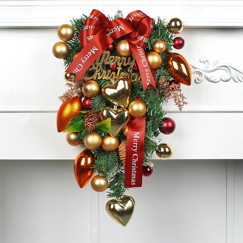 Christmas Swag Wreath for Front Door, Indoor & Outdoor Decoration, Heart-Shaped Ornaments with Hanging Bows and Colorful Balls, Holiday Window, Wall, and Door Hanging Decor