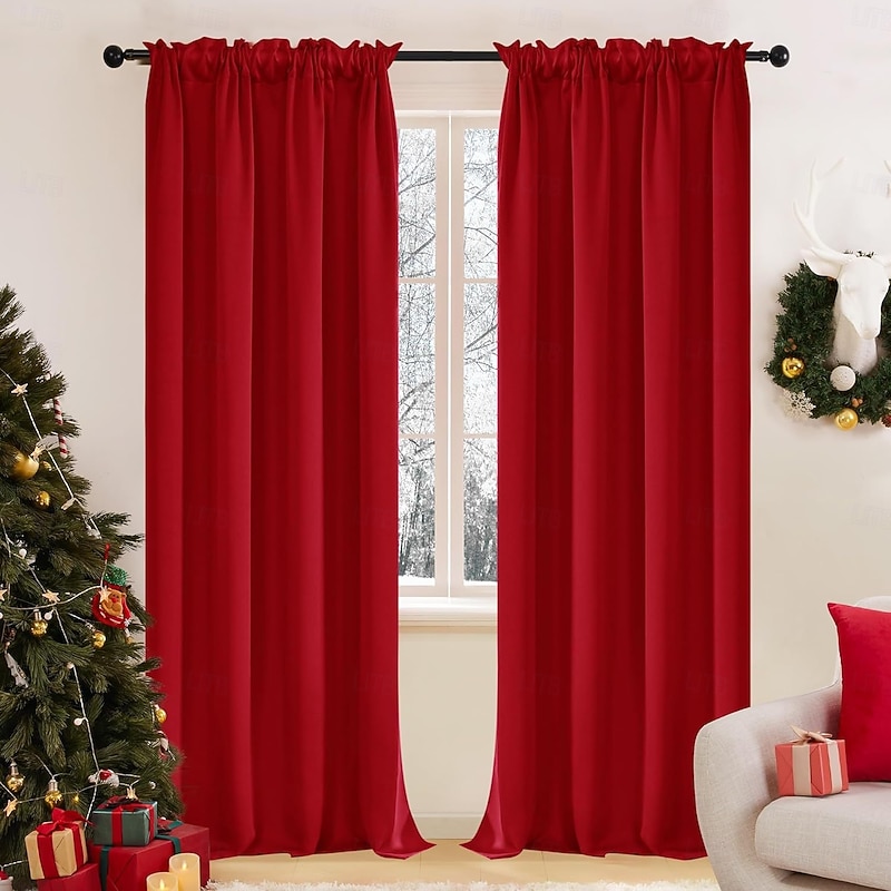 Christmas Blackout Curtains, Full Coverage Double-Sided Light-Blocking Fabric, Holiday Window Drapes for Home and Office