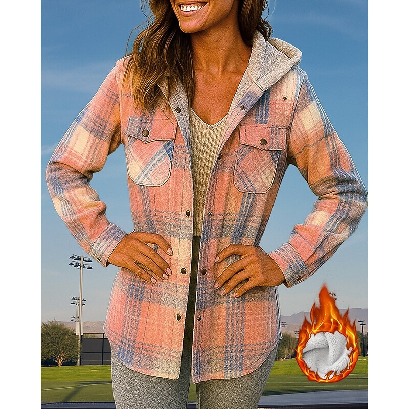 Women's Lounge Coat Fleece Shirt Jacket with Pockets Long Sleeve Top Athleisure Fall Plaid Checkered Windproof Thick Warm Outdoor Travel Vacation Sportswear Activewear Black White Yellow3