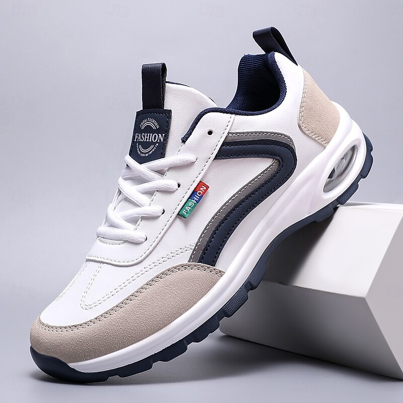 Men's White and Navy Faux Leather Fashion Sneakers – Comfortable Casual Lace-Up Shoes for Travel, Walking and Urban Streetwear2