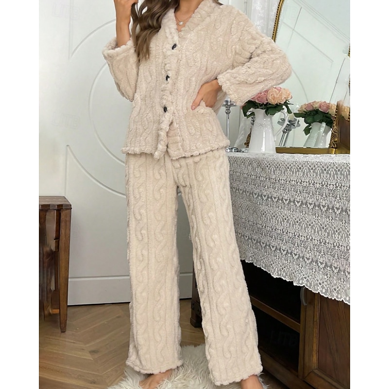 Women's Pajamas Pajama Set Casual Pure Color Elastic Waist Buttons Pant Vacation Home Bed Long Sleeve V Neck Khaki Fall Winter Loose Fit2
