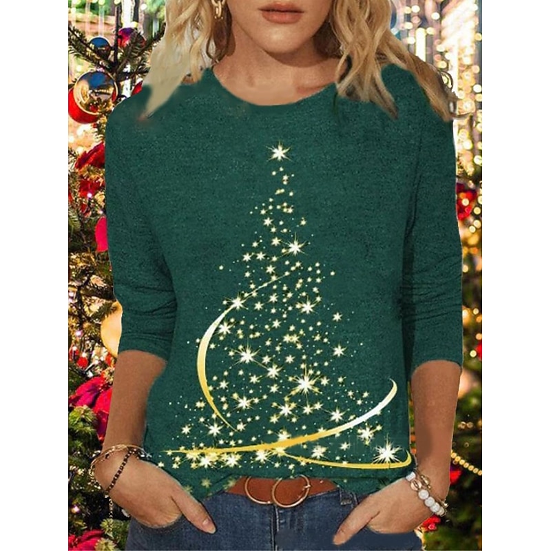 Christmas Women's T Shirt Graphic Christmas Tree Vintage Fashion Stylish Long Sleeve Crew Neck Round Neck Regular Tops Daily Weekend Print Black Red Blue Green Spring Fall Winter4