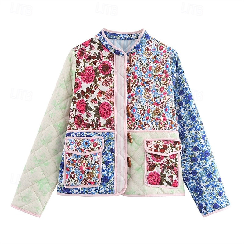 Women's Puffer Jacket Quilted Jacket Casual Jacket Comfortable Breathable Pocket Buttons Casual Floral Vacation Street Casual Daily Wear Single Breasted Short Stand Collar Regular Fit Long Sleeve4