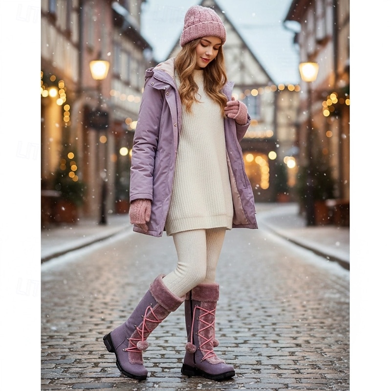 Women's Black Faux Fur Winter Boots with Pom-Pom Laces - Warm Insulated, Knee-High Design, Non-Slip Soles for Cold Weather and Snowy Days4