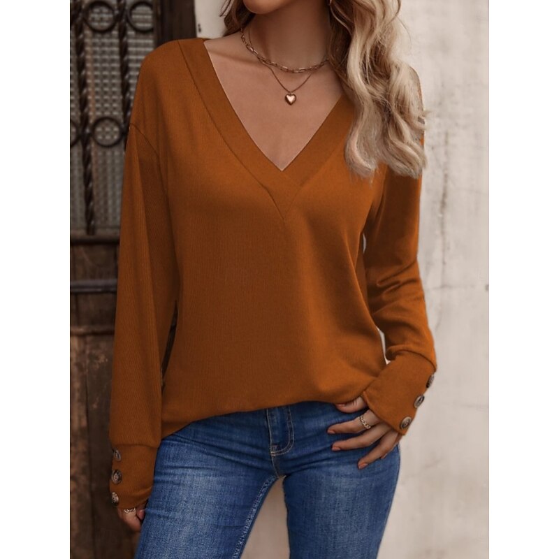 Women's Sweater Casual Soft Pure Color Ribbed V Neck Buttons Long Sleeve Regular Tops Knit Outdoor Daily Weekend Black Pink Fall Winter