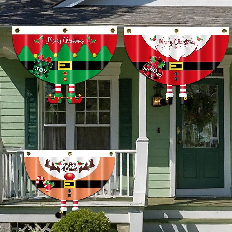New Christmas Shaped Fan Flag, Cartoon Santa and Snowman Half-Round Banner, Outdoor Garden Holiday Decoration