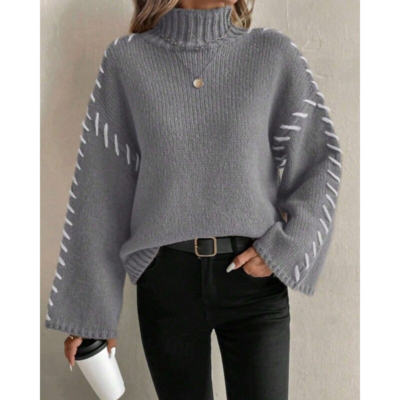 Women's Sweater Pullover Fashion Casual Pure Color Ribbed Turtleneck Knitted Long Sleeve Regular Tops Knit Outdoor Daily Weekend Gray Fall Winter3