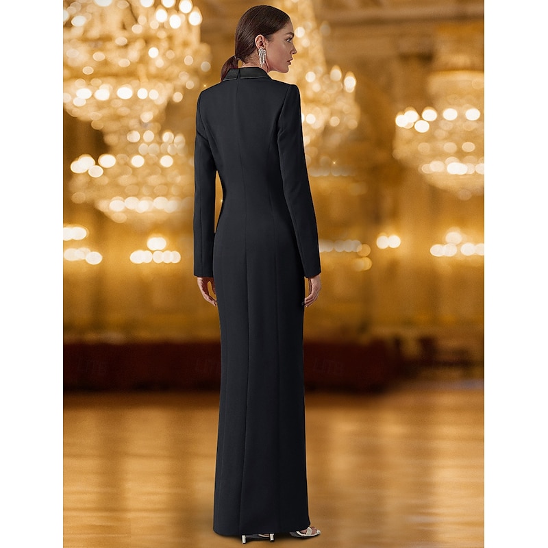 Black Tie Blazer Dress Tuxedo Dress Gold Sequin Applique Formal Wedding Guest Satin Stretch Crepe Elegant High Split Long Sleeve Satin Peak lapel 20252