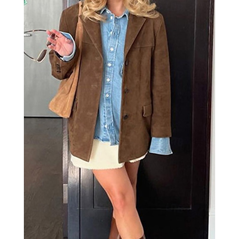 Women's Blazer Warm Comfortable Pocket Buttons Vintage Plain Vacation Daily Wear Going out Weekend Regular Turndown Regular Fit Long Sleeve Outerwear Brown Fall Winter3