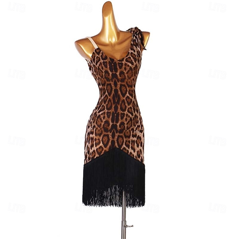 Women's Leopard Print Latin Dance Dress with Fringe Hem, Adjustable Strap, and Sexy Tie-Shoulder Detail – Perfect for Salsa, Rumba, and Performance Wear2