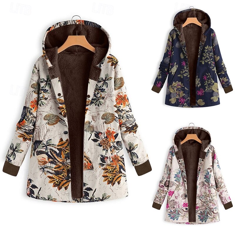 Women's Winter Coat Coat Hoodie Jacket Warm Comfortable Pocket Buttons Casual Floral Vacation Going out Weekend Regular Hoodie Regular Fit Long Sleeve Outerwear White Yellow Red Fall Winter
