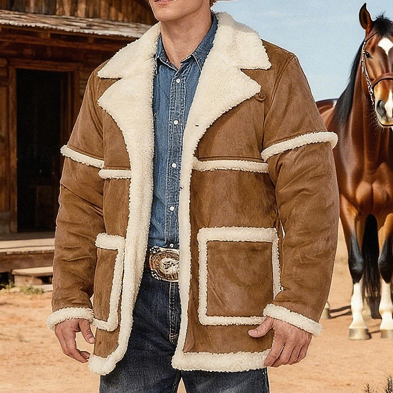 Men's Faux Suede Jacket Winter Jacket Sherpa Jacket Vacation Daily Thermal Warm Pocket Fleece Winter Color Block Fashion Streetwear Lapel Regular Khaki Coffee Jacket