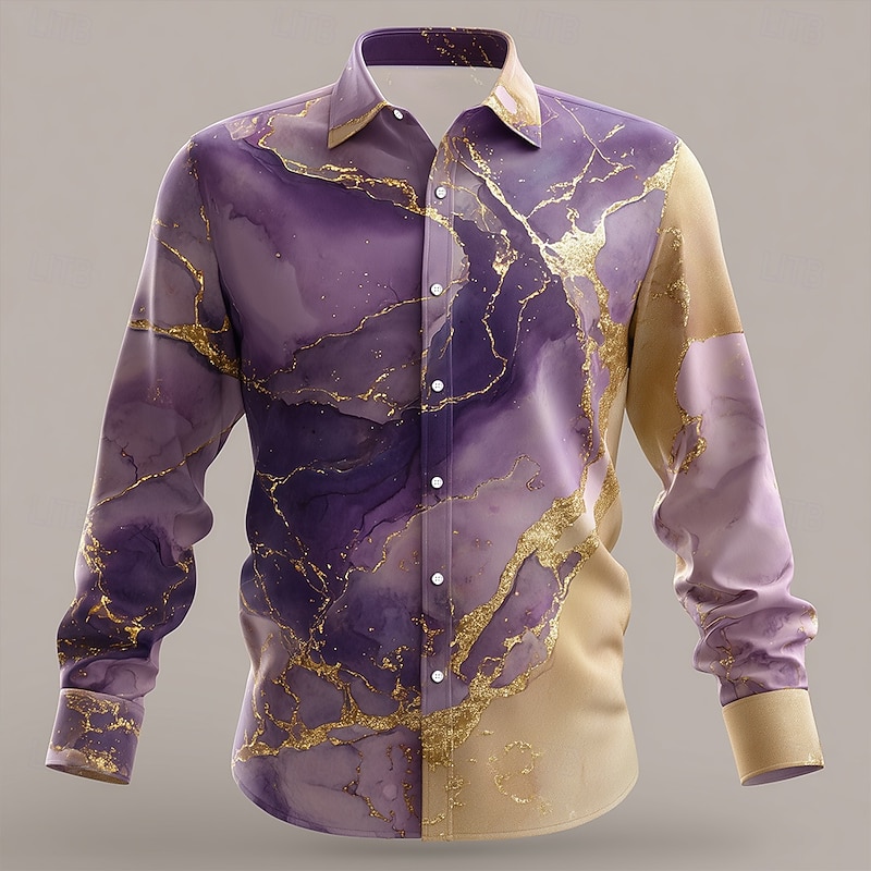 Men's Marble Abstract Liquid Art Shirt Button Up Shirt Long Sleeve Fashion Casual Outdoor Dailywear Spring Fall Turndown 3D Print Linen Like Shirt Blue Purple4