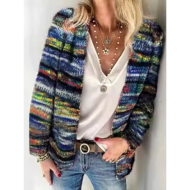 Women's Cardigan Daily Geometric Striped Ribbed Open Front Buttons Print Long Sleeve Regular Tops Knit Outdoor Weekend Yellow Blue Spring Fall3