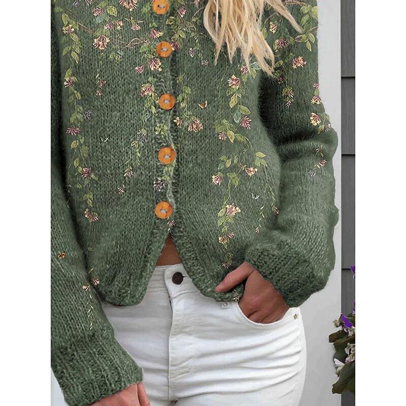 Women's Cardigan Fashion Daily Casual Floral Graphic Ribbed Crew Neck Buttons Print Long Sleeve Regular Tops Knit Outdoor Daily Date Green Spring Fall3
