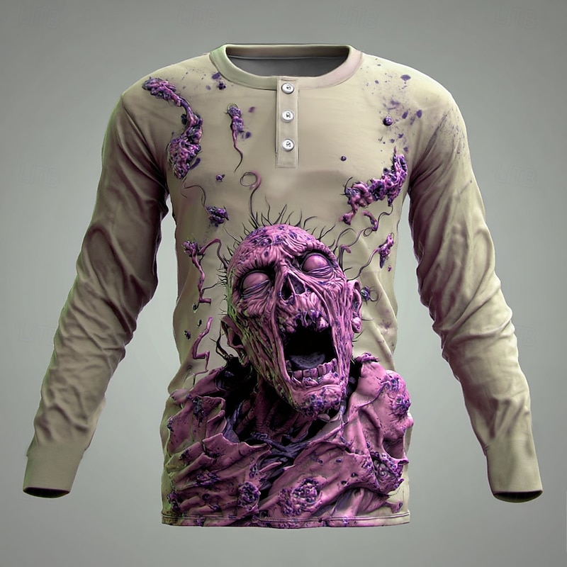 Men's Halloween Zombies Henley Shirt Long Sleeve Fashion Cute Daily Casual Holiday Going out Fall Spring &  Fall Light Green Purple Mint Green Khaki Henley Henley T-Shirt3