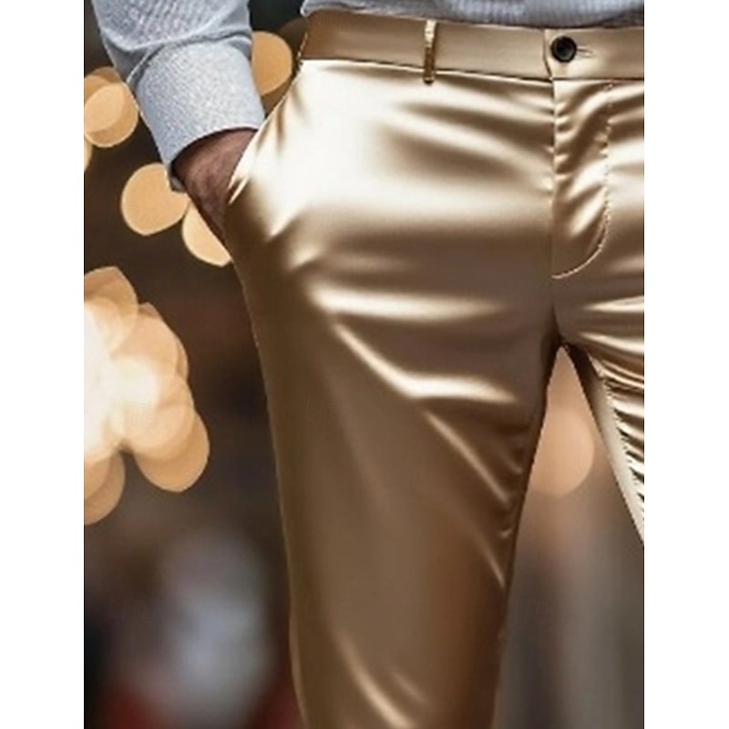 Men's Skinny Trousers Dress Pants Silk Like Satin Pants Pocket Plain Breathable Full Length Formal Party Club Fashion Streetwear White Gold Inelastic2