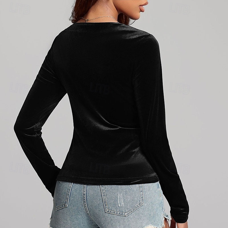 Women's Blouse Plain Stylish Long Sleeve V Neck Regular Tops Daily Holiday Going out Ruched Black Wine Blue Purple Green Spring Fall2