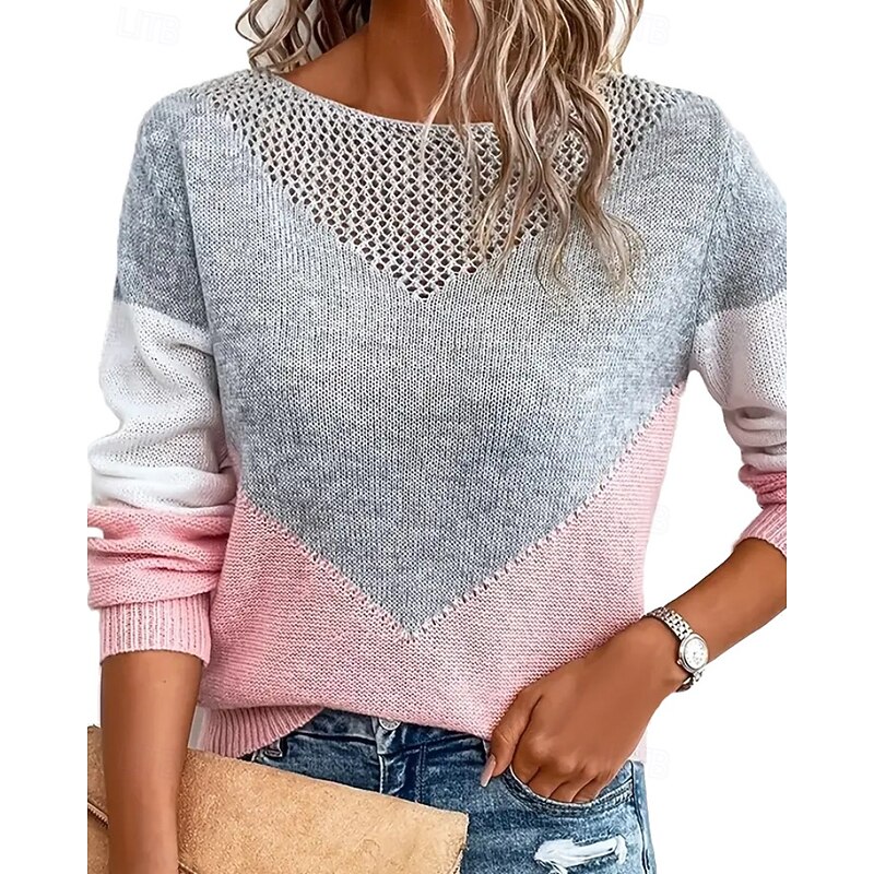 Women's Sweater Pullover Streetwear Casual Color Block Crew Neck Patchwork Knitted Long Sleeve Regular Tops Knit Daily Holiday Going out Black Yellow Fall Winter