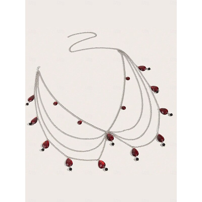 Women's Silver Chain Body Jewelry with Red Gemstones - Gothic Waist Chain for Halloween Party and Nightlife Outfits4