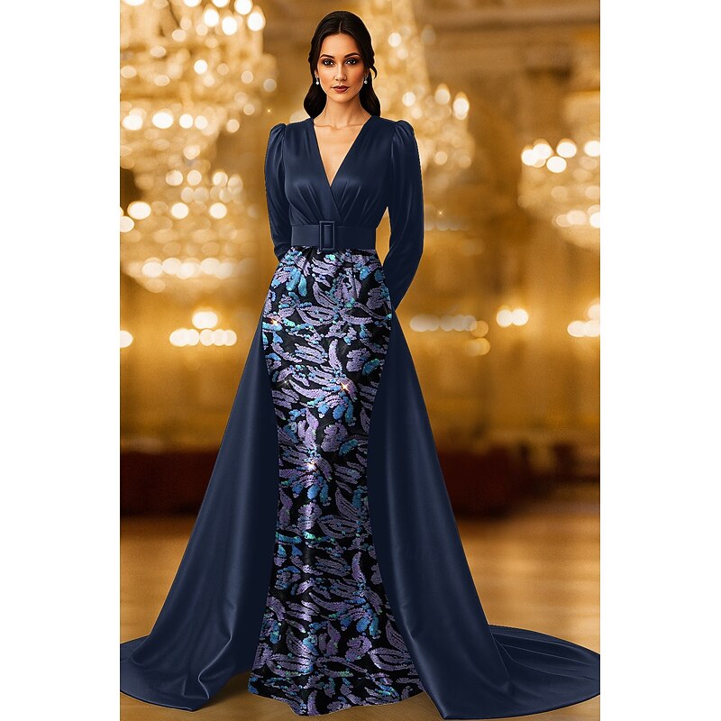 Black Gold Blue A-Line Evening Gown Elegant Formal Dress Formal Wedding Floor Length Half Sleeve Shirt Collar Satin with Slit Embroidery Appliques 20254