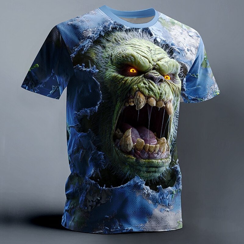 Halloween Men's Optical Illusion Zombies 3D Monster T Shirt Short Sleeve T shirt 3D Print Crew Neck Shirt Exaggerated Designer Horror Party Street Holiday Blue Summer Spring All Seasons Clothing