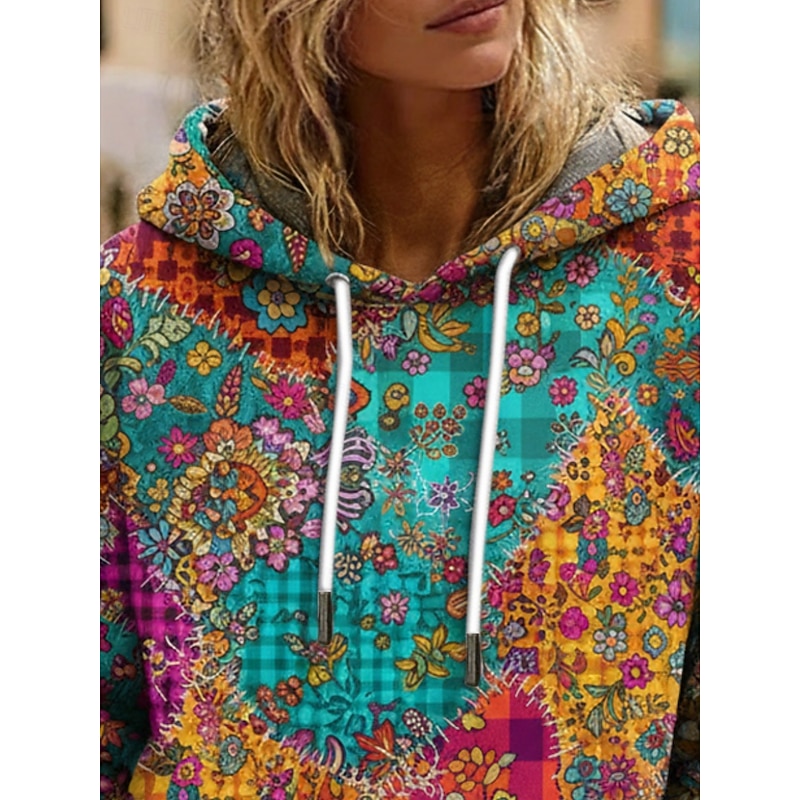 Women's Pullover Hoodies Floral Plaid Retro Casual Boho Long Sleeve Hooded Regular Tops Dailywear Casual Drawstring Pocket Print Blue Spring Fall2