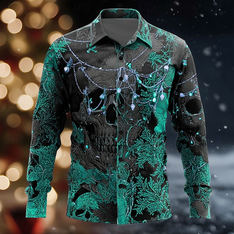 Men's Skull Floral / Flower Day of the Dead Shirt Button Up Shirt Long Sleeve Dark Punk Gothic Style Outdoor Holiday Summer Spring Turndown 3D Print Collared Shirts Red Purple Orange Green2