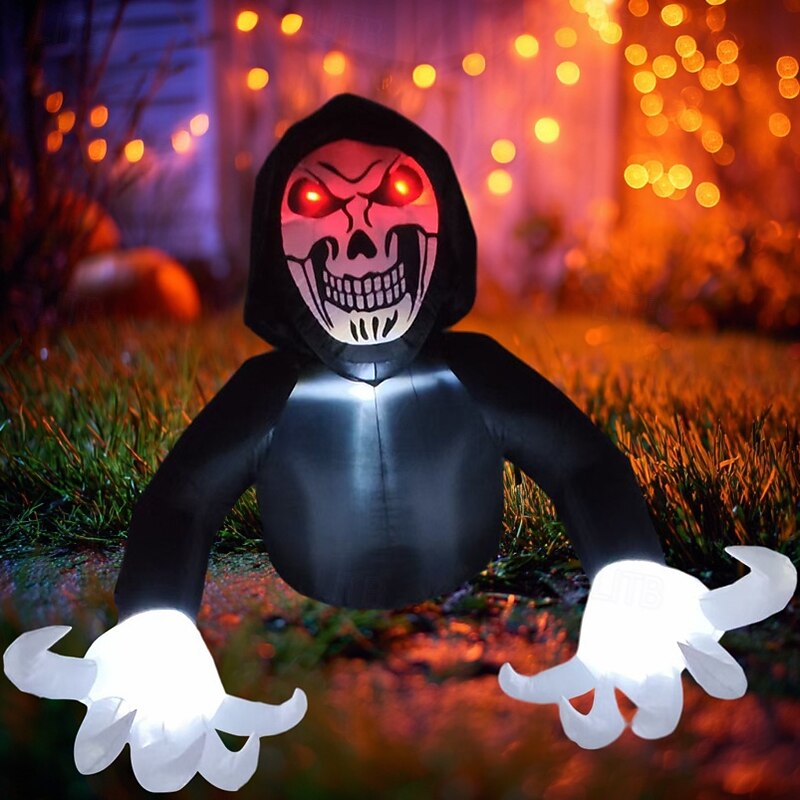 1 Pc 2.1M * 1.8M Halloween Ghost Face Red Eyes Black Clothes Man LED with Light Inflatable Air Model Indoor and Outdoor Courtyard Garden Lawn Party Horror Weird Atmosphere Decorative EU/US/UK/AU Plug3