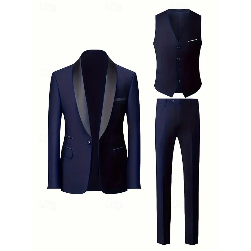 Men's Wedding Business Party Suits Shawl Lapel Black Burgundy Formal Solid Colored Slim Fit 3 Piece Single Breasted One-button2