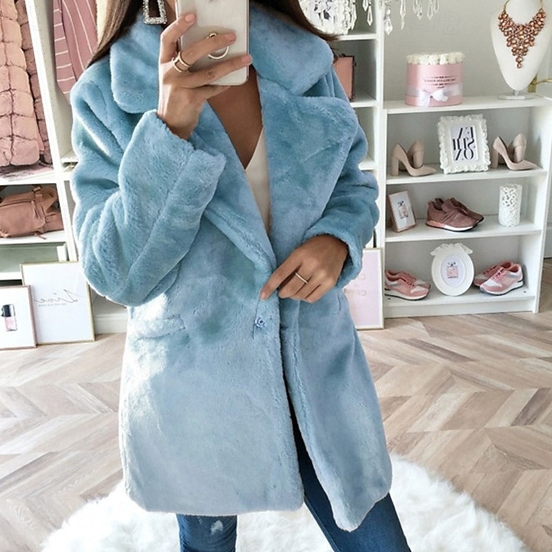 Women's Coat Faux Fur Coat Warm Comfortable Pocket Casual Plain Vacation Street Casual Daily Wear Long Turndown Regular Fit Long Sleeve Outerwear Blue Brown Khaki Fall Winter