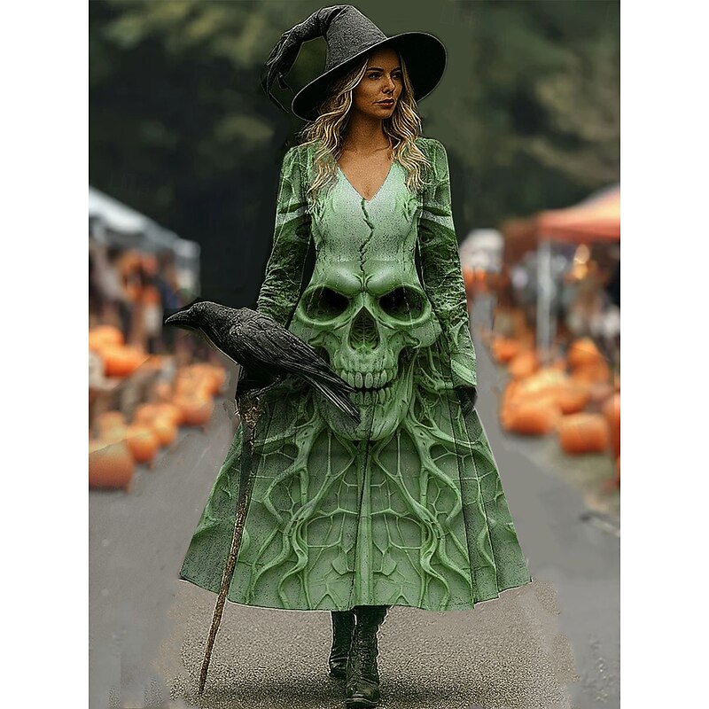 Halloween Women's Midi Dress A Line Dress Vacation Casual Daily Holiday Date Regular Fit Graphic Skull Long Sleeve V Neck Light Yellow Blue Purple Green Fall Winter4