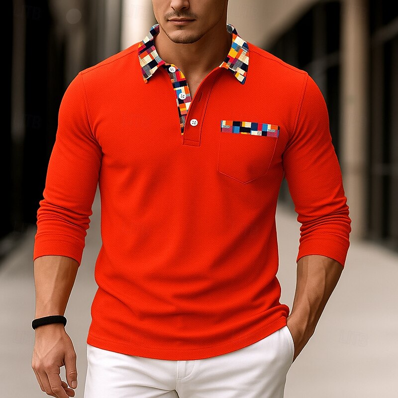 Men's Golf Shirt Pique Polo Shirt Vacation Work Turndown Long Sleeve Fashion Basic Solid Color Plaid Check Pattern Buttons Summer Spring Spring &  Fall Slim Fit Blue Red Orange Dark Grey Golf Shirt