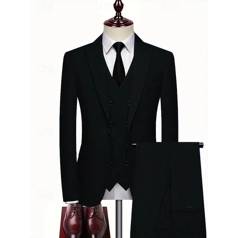 Men's Party Business Wedding Suits Peaked Lapel Notch Lapel Black Light Grey Daily Formal Solid Colored Tailored Fit 3 Piece Single Breasted One-button2