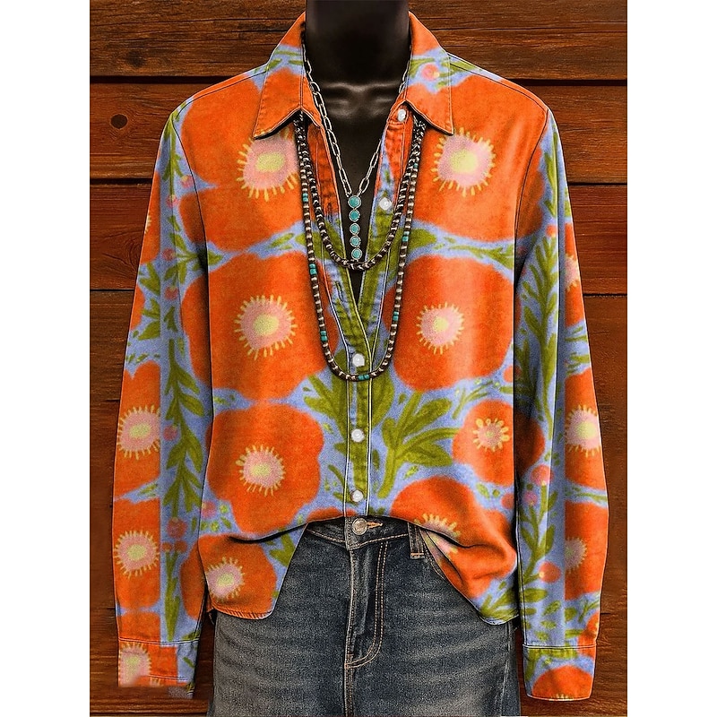 Women's Shirt Graphic Rainbow Elegant Bohemia Vintage Long Sleeve Shirt Collar Regular Tops Work Daily Buttons Print Pink Purple Orange Spring Fall Winter3