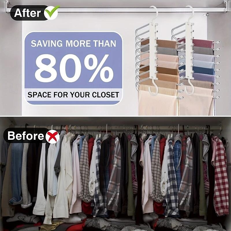 2 Pack Pants Hangers Space Saving 9 Layers Multi-functional Magic Clothes Hanger Closet Organizers and Storage Hangers for Pants Jeans Leggings Trousers Skirts, White3