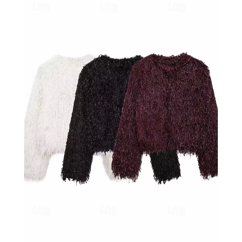 Women's Faux Fur Coat Comfortable Furs & Leathers Fashion Plain Vacation Street Going out Weekend Short Crewneck Regular Fit Long Sleeve Outerwear Black White Drak Red Fall Winter