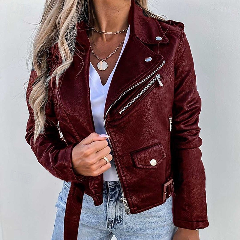 Women's Faux Leather Jacket Warm Comfortable Zipper Buttons Casual Solid Color Vacation Street Casual Daily Wear Short Turndown Regular Fit Long Sleeve Outerwear Black Wine Fall Winter4