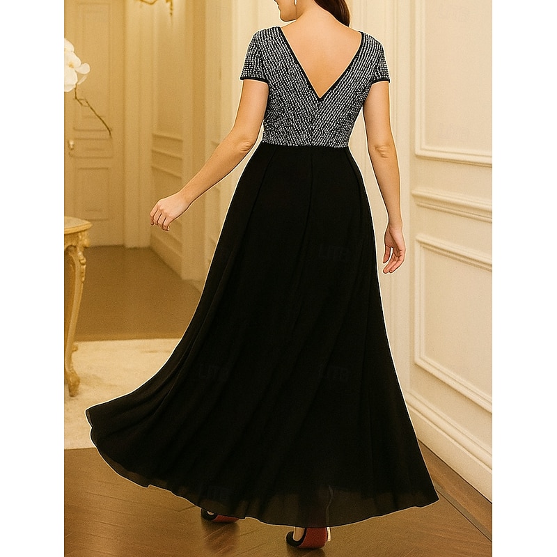A-Line Mother of the Bride Dress Black Dress Plus Size Sparkle & Shine V Neck Ankle Length Sequined Polyester Short Sleeve with Color Block2