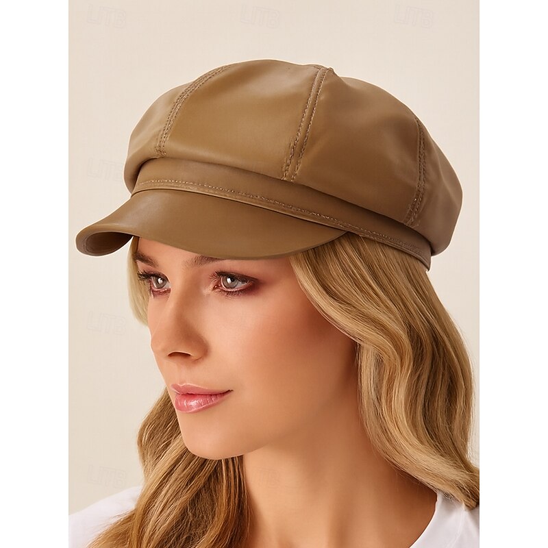 Women's Faux Leather Newsboy Cap, Vintage Octagonal Baker Boy Hat Fashion Retro Streetwear Accessory for Fall and Winter4