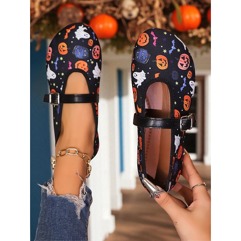 Women's Halloween Mary Jane Flats – Vintage Ghost and Pumpkin Print Shoes with Buckle Strap for Costume Party, Trick-or-Treat and Casual Wear3