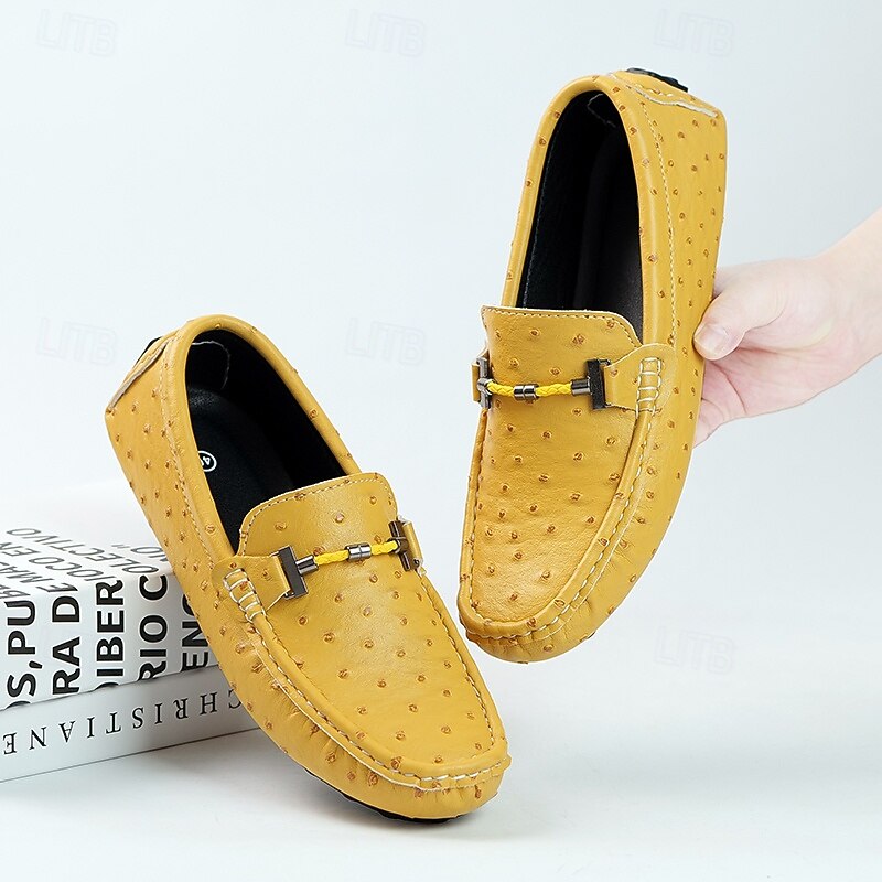 Men's Yellow Ostrich Pattern Loafers with Metal Buckle, Casual Slip-On Driving Moccasins for Business, Summer Parties and Everyday Wear3