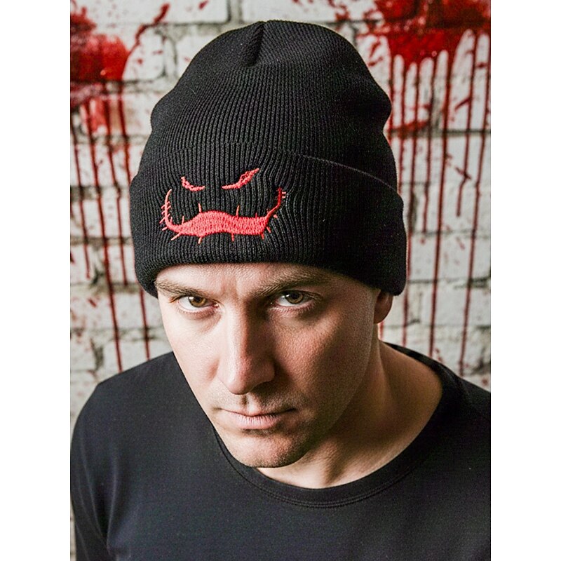 Unisex Halloween Knit Beanie Hat – Warm Embroidered Scary Face Skull Cap for Men and Women, Cosplay Party and Outdoor Wear