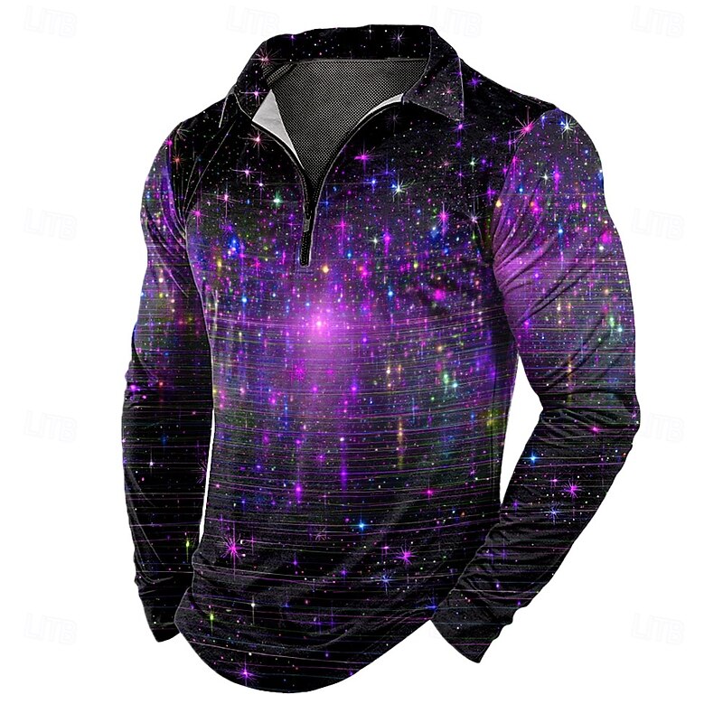 Men's Graphic Zip Polo Shirts Long Sleeve Polo Shirts Lapel Casual Outdoor Daily Wear 3D Print Fall Winter Blue Purple Orange3