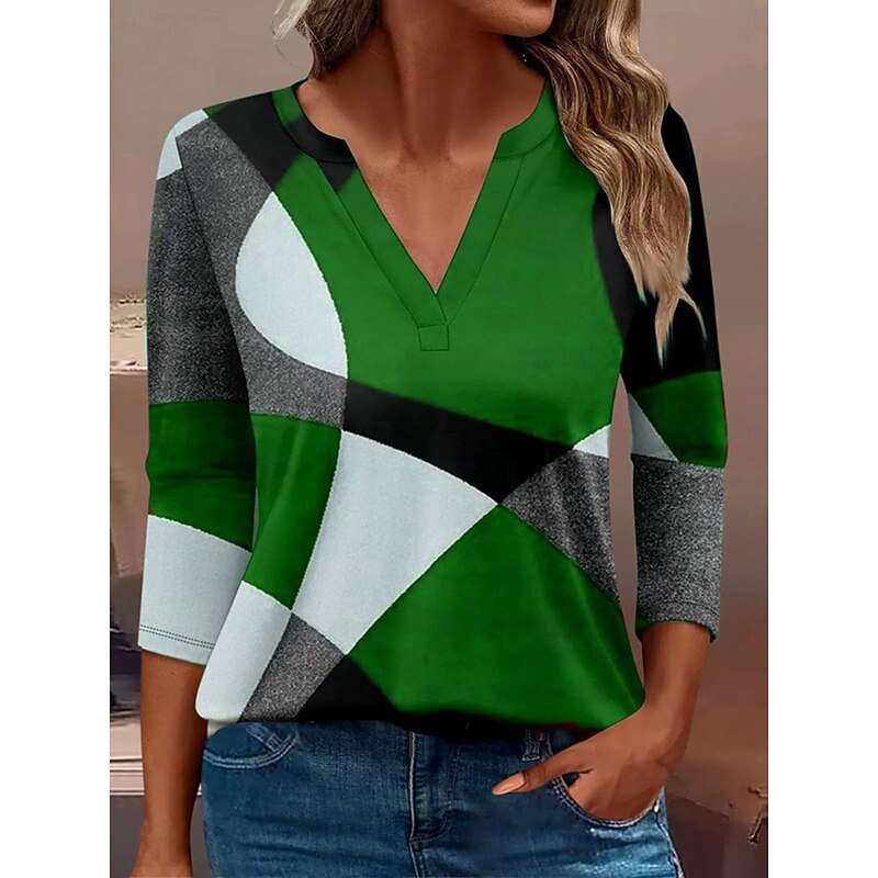 Women's T Shirt Graphic Geometric Vintage Stylish Classic Long Sleeve V Neck Notched Neck Regular Tops Daily Print Red Blue Purple Green Spring Fall Winter4